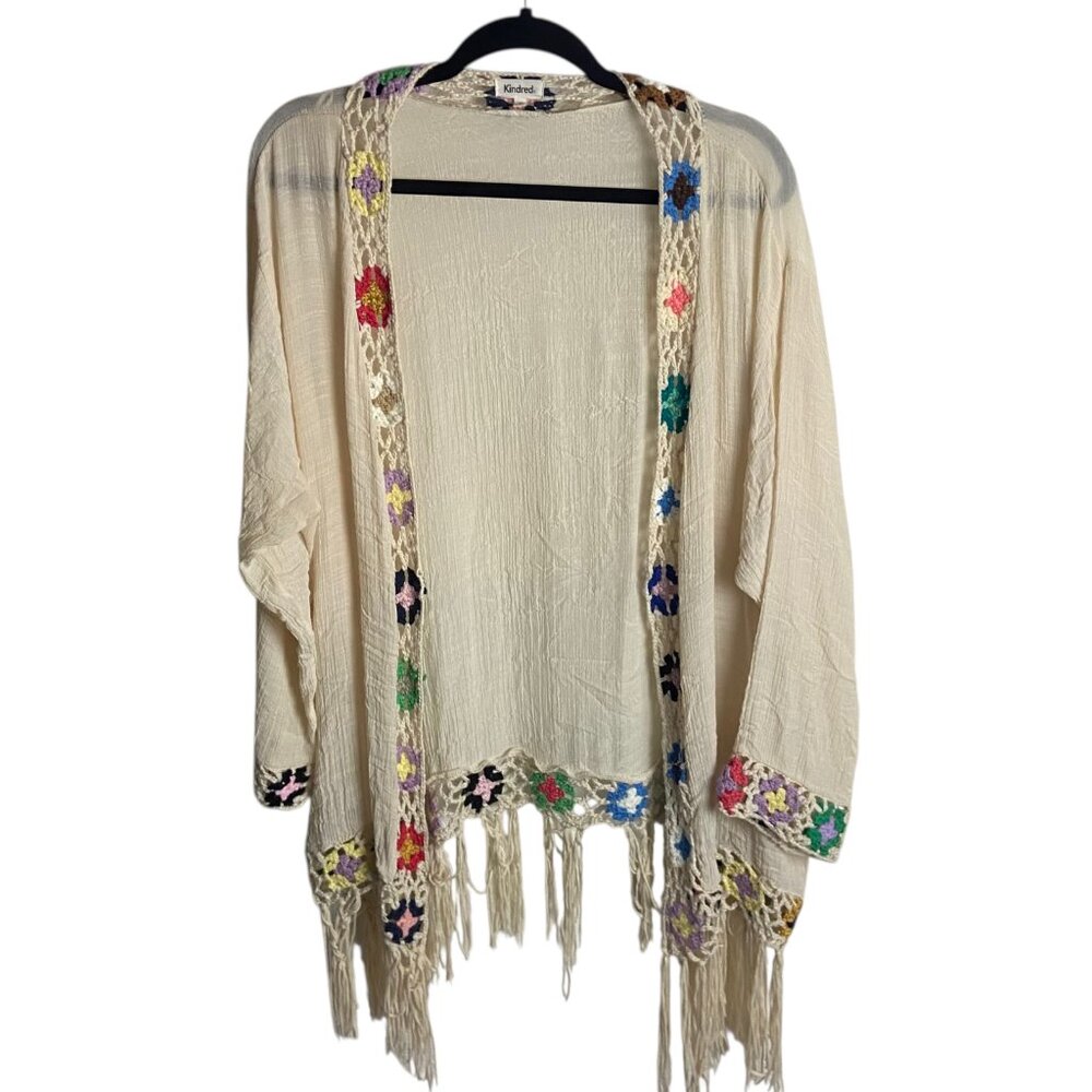 Cream Crochet-Trim Fringe Kimono Cardigan - Unknown Brand